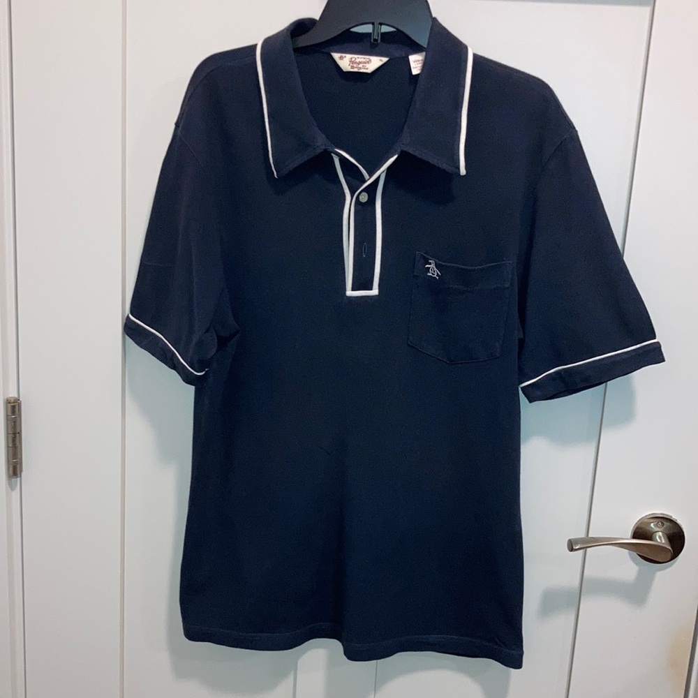 Men’s polo shirt. Black with white trim. Penguin.